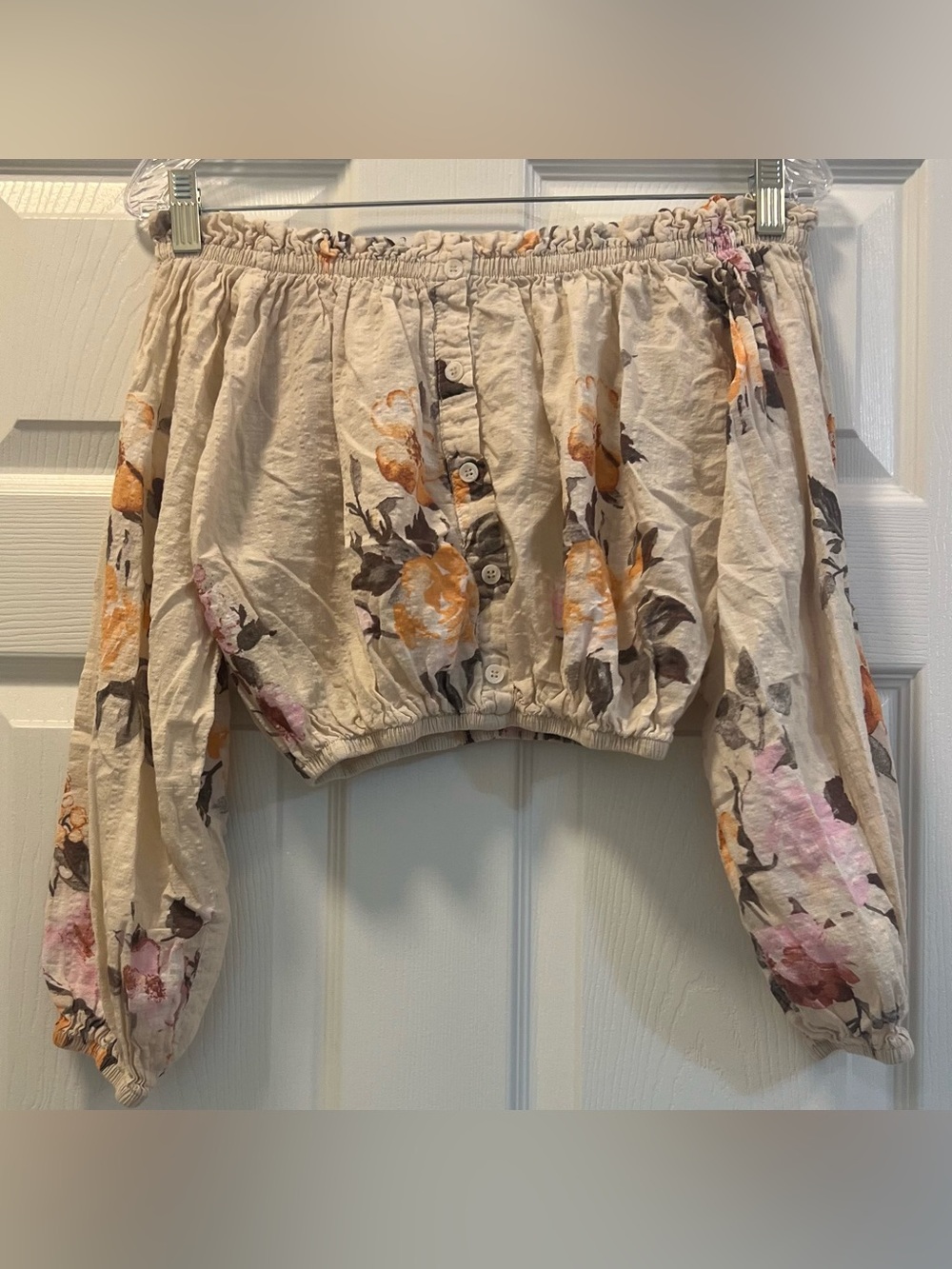 By Together Floral Off-Shoulder Crop Top with Orange & Pink Flowers, size Small.